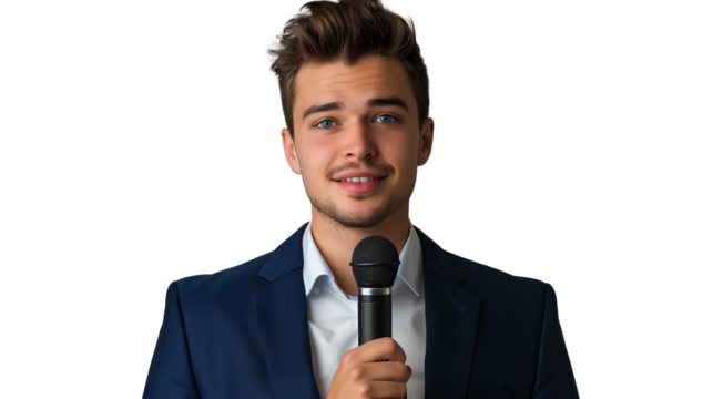 portrait of young entrepreneur holding microphone isolated on transparent background, young boy cut out, public speaking 