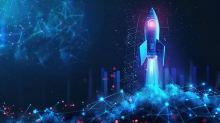 Abstract rocket launch and graph growing up. Low poly style design. Business start up idea concept. Blue geometric background. - obrazy, fototapety, plakaty