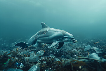 Fototapeta premium A distressed dolphin surrounded by floating plastic trash against a bleak blue-gray ocean backdrop highlighting the urgency of World Oceans Day
