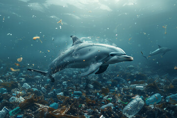 Fototapeta premium A distressed dolphin surrounded by floating plastic trash against a bleak blue-gray ocean backdrop highlighting the urgency of World Oceans Day