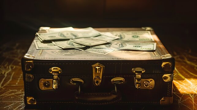 Briefcase full of cash, close frontal view, dim light, high-stakes negotiation, underworld deal 