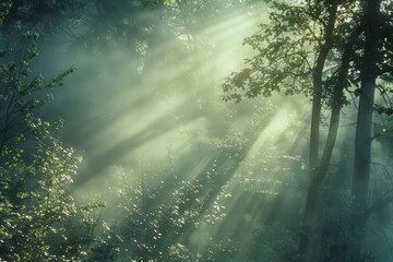 Sunlight rays shining through misty forest trees