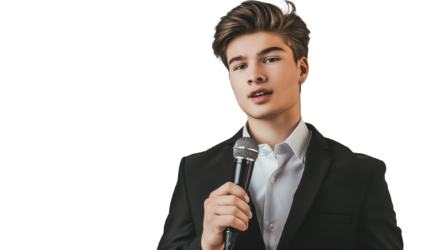 portrait of young entrepreneur holding microphone isolated on transparent background, young boy cut out, public speaking 