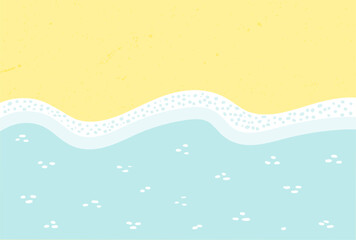 Sandy beach with sea, ocean waves lapping on shore, seaside top view background. Hand drawn flat style design, vector backdrop. Summer print, seasonal element, holidays, vacations, outdoors, beach