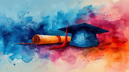 Graduation cap and diploma on abstract watercolor background