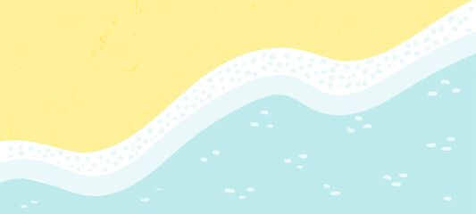 Sandy beach with sea, ocean waves lapping on shore, seaside top view background. Hand drawn flat style design, vector backdrop. Summer print, seasonal element, holidays, vacations, outdoors, beach - obrazy, fototapety, plakaty