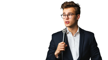 portrait of young entrepreneur holding microphone isolated on transparent background, young boy cut out, public speaking 