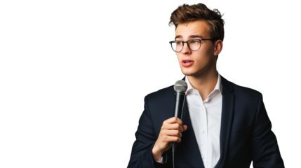 portrait of young entrepreneur holding microphone isolated on transparent background, young boy cut out, public speaking 
