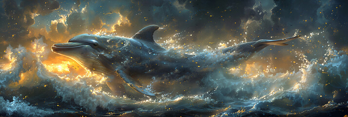 A Drawing of a Dolphin and the Whale,
A group of dolphins frolicking in the waves
