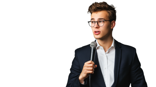 portrait of young entrepreneur holding microphone isolated on transparent background, young boy cut out, public speaking  - Powered by Adobe