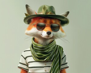 Fashionable dandy fox with stylish neck scarf, sunglasses and fedora hat, concept of style and humor