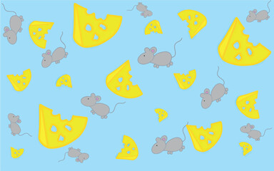 Cartoon pattern of cheese and mice. Pattern for children. Illustration with mice and a slice of cheese for printing on fabric, paper, bed linen, pajamas, stationery, wallpaper, notepads, dishes.