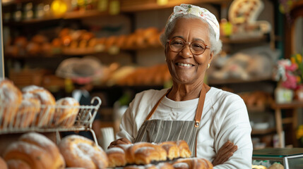African american senior woman work on bakery make bread and sale - Powered by Adobe