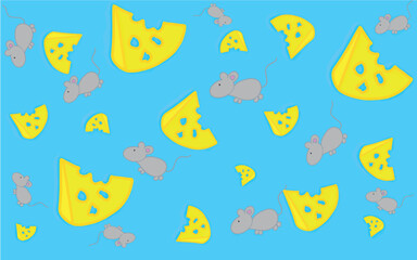 Cartoon pattern of cheese and mice. Pattern for children. Illustration with mice and a slice of cheese for printing on fabric, paper, bed linen, pajamas, stationery, wallpaper, notepads, dishes.