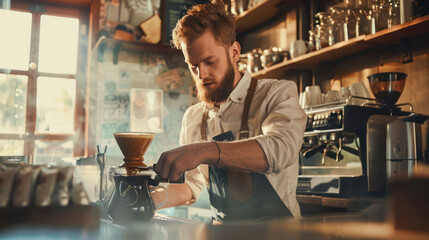 Barista making coffee at an automatic machine in a modern coffee shop. Handsome Barista man with apron preparing coffee for customer in his small business cafe - Powered by Adobe