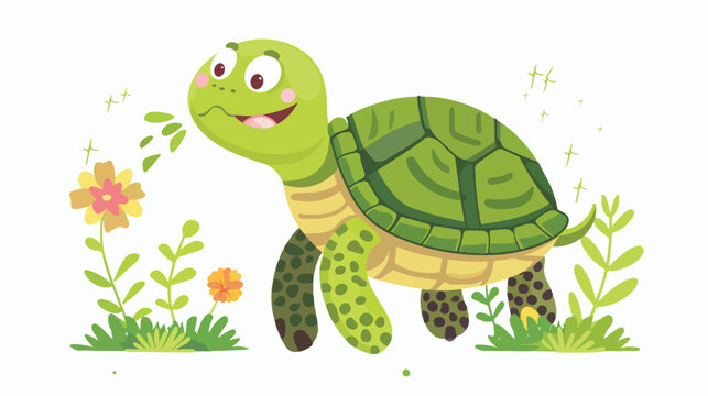 Cute and funny green turtle watering flower. Happy