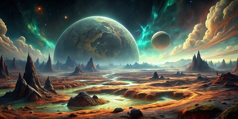 Alien planet landscape with acid rivers and nearby planet
