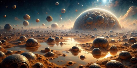 Alien planet landscape with bubbling mud pools