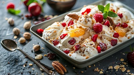 a bowl of ice cream with dried fruits and nuts and whipped cream. ai generated - obrazy, fototapety, plakaty