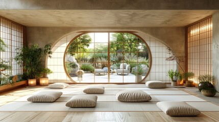 Obraz premium modern interior japandi style design livingroom lighting and sunny scandinavian apartment with plaster and wood d render illustrationillustration