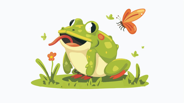Cute frog hunting butterfly. Funny hungry toad jumping