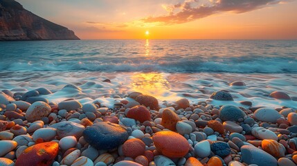 beauty of rocks on the beach against a warm orange sunrise, their varied shapes and sizes...