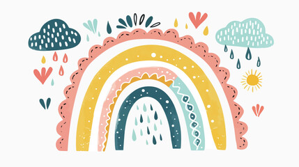 Cute funny rainbow with magic colorful rain 
