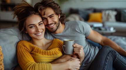 Cheerful lovely young couple sitting and drinking coffee on sofa at home - Powered by Adobe