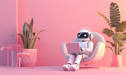 AI 3D illustration robot with a laptop computer checking, collaborating with artificial intelligence