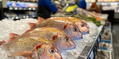 Frozen fish, fresh raw fish on ice cubes. Product showcase. 
