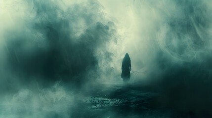 A ghostly scene with a figure shrouded in mist, set against a background that enhances its mysterious appearance. 