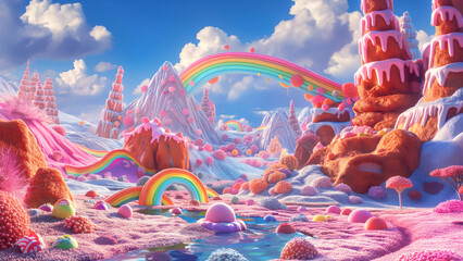 A candy land landscape with creamy muffin mountains sugar river and bright rainbow bridge in fluffy clouds. Sweet wonderland kid child fantasy concept - obrazy, fototapety, plakaty