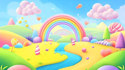 Deurstickers A colorful cartoon landscape with candy trees sweet mountains sugar river and a pastel color rainbow. Kid child fantasy dessert dream © Cherstva