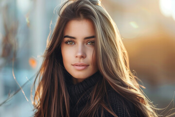 Portrait of a beautiful brunette girl. Healthy long hair