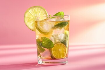 Refreshing caipirinha cocktail with lime and mint on a pink background