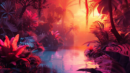 Fototapeta na wymiar A colorful tropical jungle scene with vibrant, neoncolored foliage and water reflecting the setting sun.