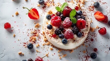 A high-angle shot of a cheesecake surrounded by scattered berries, on a pure white surface