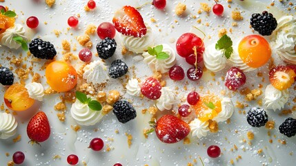 A deconstructed cheesecake with scattered fruits 