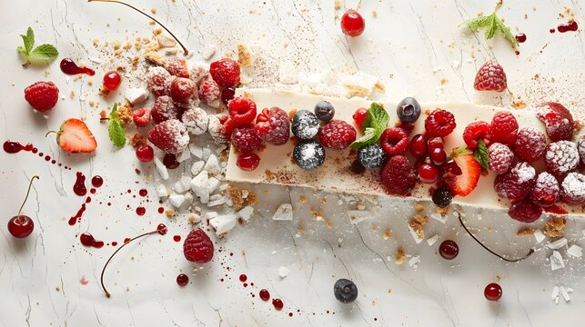 A deconstructed cheesecake with scattered fruits and crumbs on a clear, uncluttered table. 