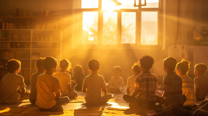 Children participating in a Bible study class inside a classroom, engaged and interacting, with sunlight streaming through the window. , natural light, soft shadows, with copy spac