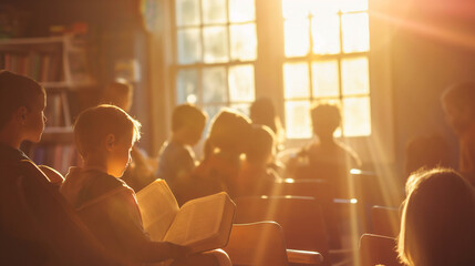 Children participating in a Bible study class inside a classroom, engaged and interacting, with sunlight streaming through the window. , natural light, soft shadows, with copy spac