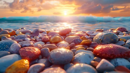 idyllic scene of colorful rocks on the shore of a pristine beach, their vivid colors reflecting the warm hues of the setting sun, captured in realistic 8k full ultra HD detail. - obrazy, fototapety, plakaty