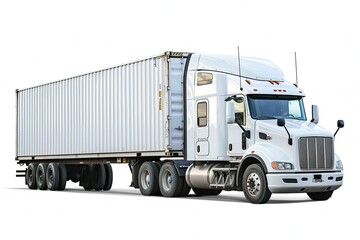 A cut out Semi Truck with White Cargo Container cleaned of all logos. Contains clipping path for removal from background