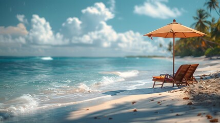 idyllic setting of a long beach chair and umbrella on a tropical palm-fringed beach, their picturesque charm portrayed in cinematic high resolution photography.