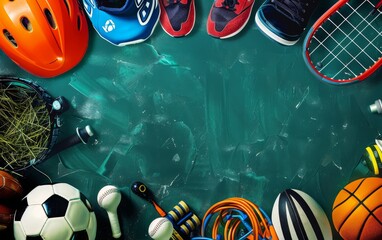 Naklejka premium An overhead view background of various sports equipment with empty space