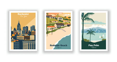 Puu Pehe, Hawaii, Redondo Beach, California, Rochester, New York - Vintage travel poster. Vector illustration. High quality prints