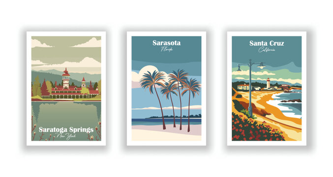 Santa Cruz, California, Sarasota, Florida, Saratoga Springs, New York - Vintage travel poster. Vector illustration. High quality prints