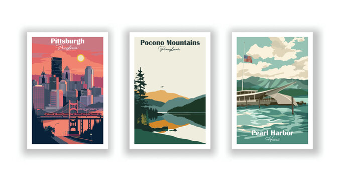 Pearl Harbor, Hawaii, Pittsburgh, Pennsylvania, Pocono Mountains, Pennsylvania - Vintage travel poster. Vector illustration. High quality prints