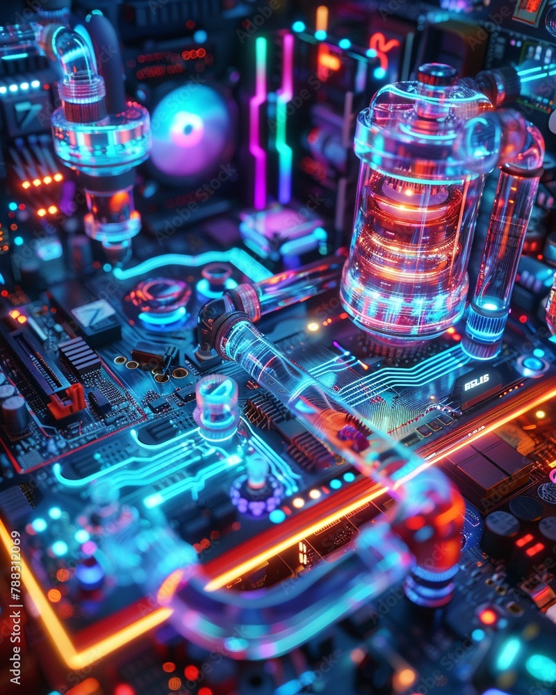 Fototapete artistic computer table with magical, colorful components ,3dcg,high resulution,clean sharp focus