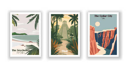The Cedar City, Utah, The Seychelles, East Africa, Tikal, Guatemala - Vintage travel poster. Vector illustration. High quality prints - obrazy, fototapety, plakaty